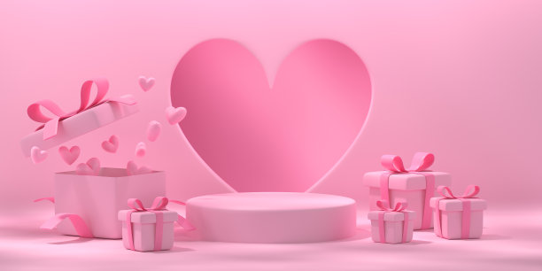 讲台和礼盒，心形，粉色背景。图片下载