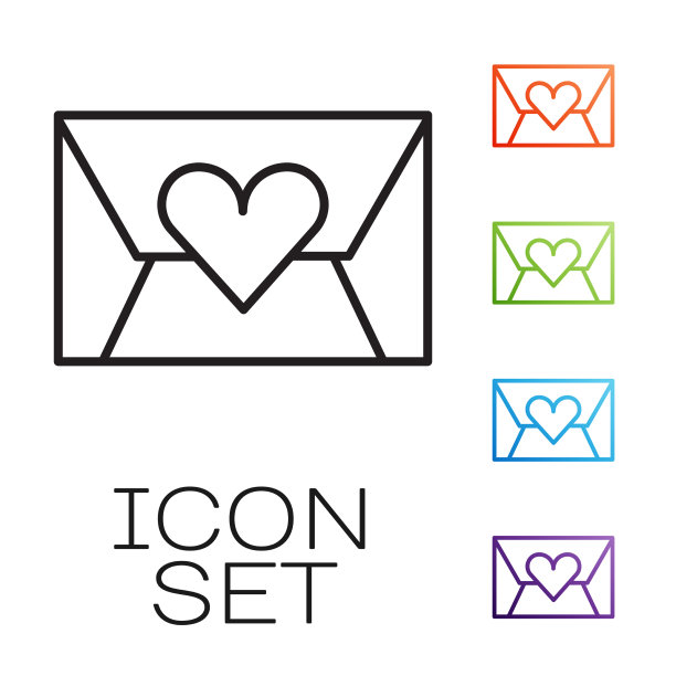 黑色线信封与情人节心的图标图片下载