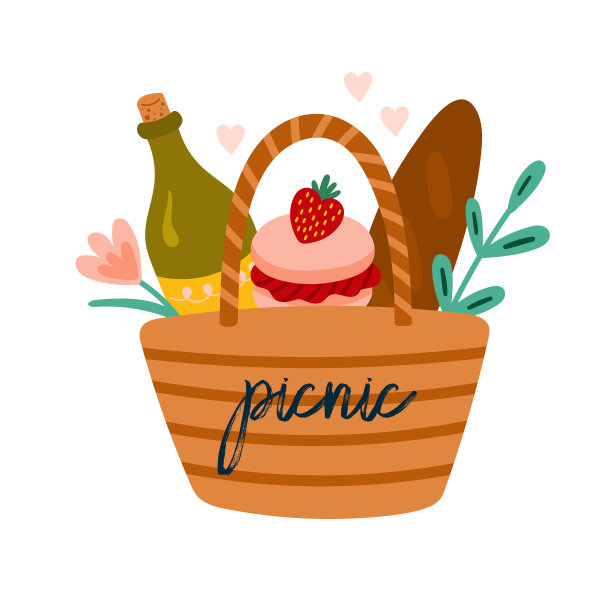 情人节可爱的野餐篮。幼稚的印刷卡片，贴纸和服装设计图片下载