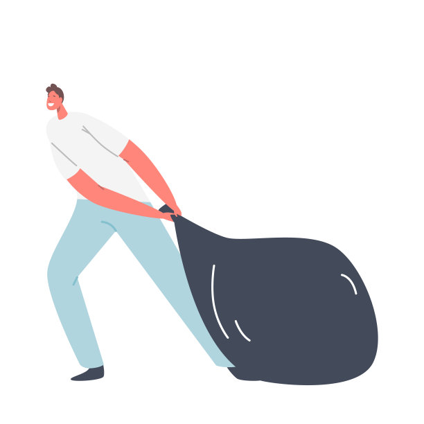 男性角色拖着巨大的黑色麻袋，孤立在白色背景上。男人带着垃圾袋，商人带着钱图片下载