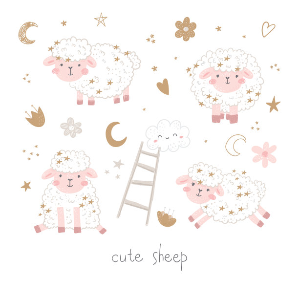 一组可爱的羊孤立在白色。儿童收藏的衣服，托儿所，明信片，海报。向量打印。图片下载