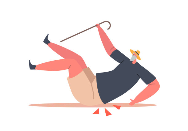 粗心的老人拄着拐杖跌倒，年老的男性因绊倒、路滑或意外而跌倒在地上图片下载