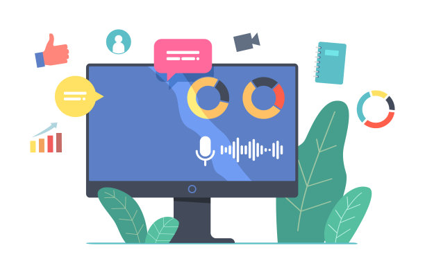 计算机显示器与语音图形。网上商务介绍，培训或研讨会，虚拟财务咨询图片下载