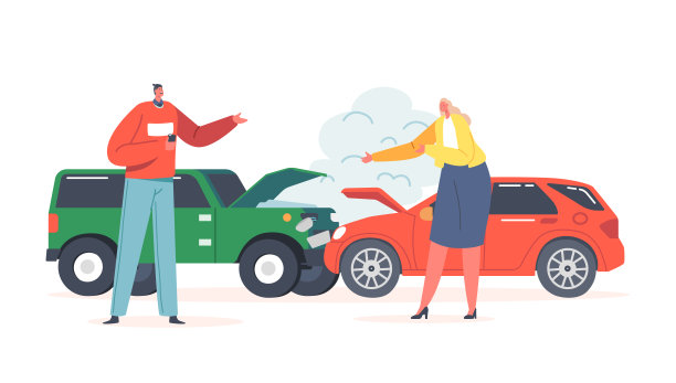 车祸在路上，一对男女司机站在路边撞坏的汽车图片下载