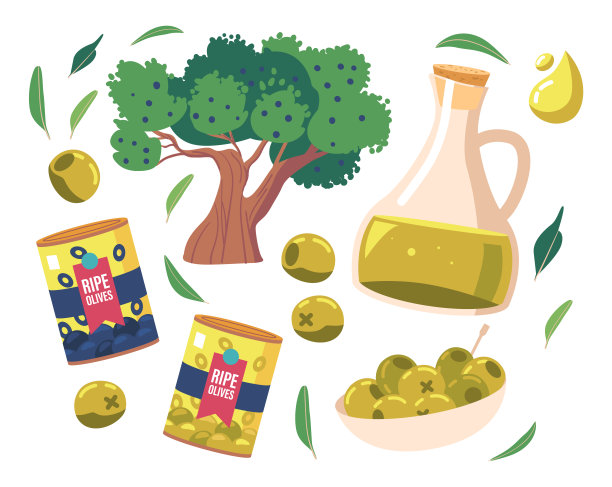 Set Olive Products, Tree with Berries on Branches, Oil in Jug and Tin易拉罐绿色橄榄和油，成熟的有机食品图片下载