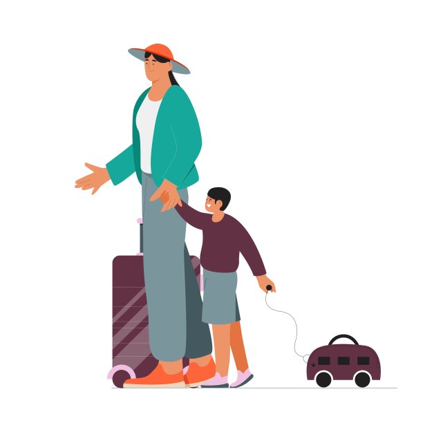 母亲带着她的孩子和男孩等着飞机，登机和办理登机手续。平面矢量插图，家庭旅行概念。图片下载