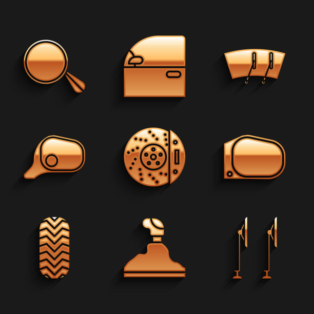 设置汽车制动盘卡钳，变速杆，挡风玻璃刮水器，后视镜，轮胎和图标。向量图片下载