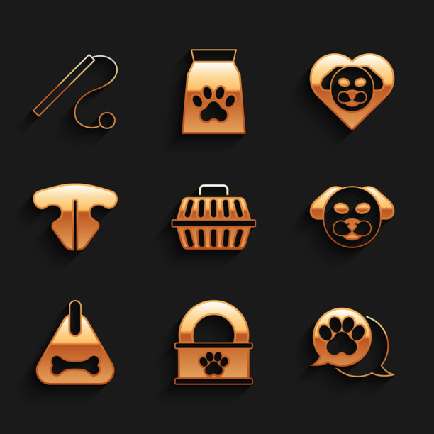 设置宠物手提箱，罐头食品，爪印，狗，项圈，猫鼻子，心脏与狗和猫玩具图标。向量图片下载