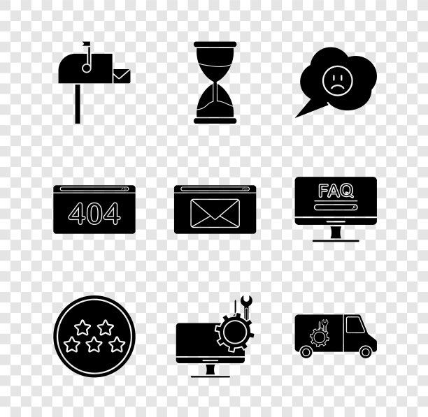 设置打开邮箱、沙漏、带悲伤微笑的语音泡泡、五星评级评论、电脑显示器服务、汽车、404页面错误、邮件和电子邮件图标。向量图片下载