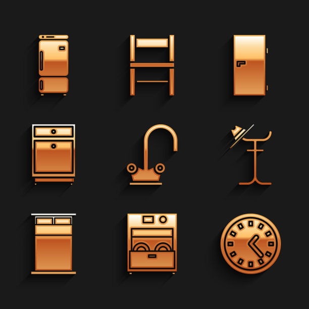 设置水龙头，厨房洗碗机，时钟，衣帽架，大床，家具床头柜，关闭的门和冰箱图标。向量图片下载