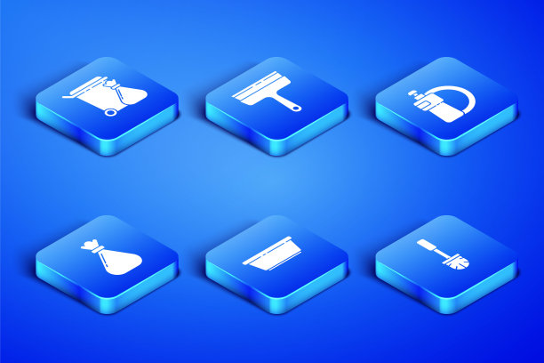 设置马桶刷、垃圾桶和垃圾袋、塑料盆、垃圾、窗户橡胶清洁剂和洗碗液瓶盘图标。向量图片下载