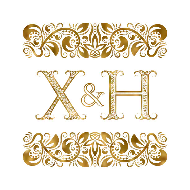 X和H首字母的年份。被装饰元素包围的字母。皇室风格的婚礼或商业伙伴的字母组合。图片下载