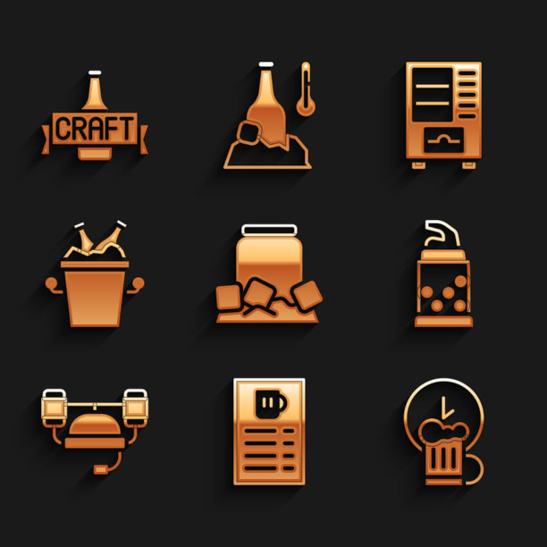 设置冰啤酒罐，啤酒菜单，欢乐时光，开瓶器，头盔，冰桶，自动售货机和图标。向量图片下载
