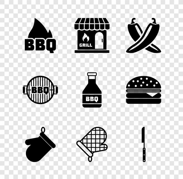 设置烧烤火焰，购物大楼，交叉辣椒辣椒荚，烤箱手套，刀，烧烤和番茄酱瓶图标。向量图片下载