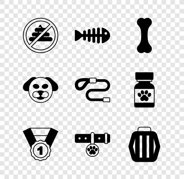 设置没有大便，鱼骨骼，狗骨头，奖项符号，项圈与姓名标签，宠物手提箱，和可伸缩绳皮带图标。向量图片下载