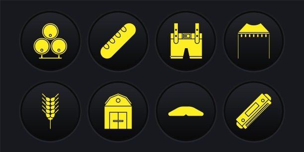 设置小麦，野营帐篷，农场房子，自制派，皮短裤，法国法棍面包，口琴和木桶图标。向量图片下载