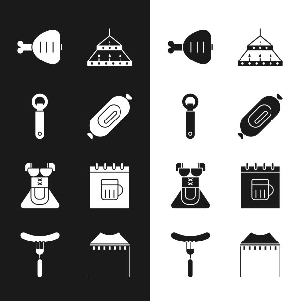 设置萨拉米香肠，开瓶器，鸡腿，巨大的钢铁吊灯，女装紧腰裙，圣帕特里克日日历，露营帐篷和香肠叉子图标。向量图片下载