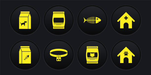 猫粮袋，兽医医院，狗项圈，鱼骨架和图标。向量图片下载