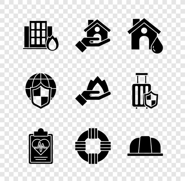 在燃烧的房屋中放置火，房屋保险，洪水，健康，救生圈，工人安全帽，盾牌与世界地球仪和手握消防图标。向量图片下载