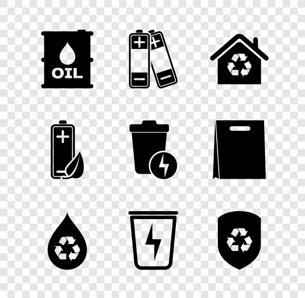 设置油桶，电池，可回收生态屋，可回收清洁水，闪电垃圾桶，内部防护罩，自然叶片，电池和图标。向量图片下载