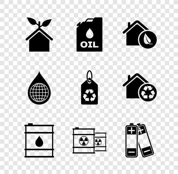 设置生态友好的房子，罐机械油，石油桶，放射性废物，电池，地球星球的水滴和标签与回收图标。向量图片下载