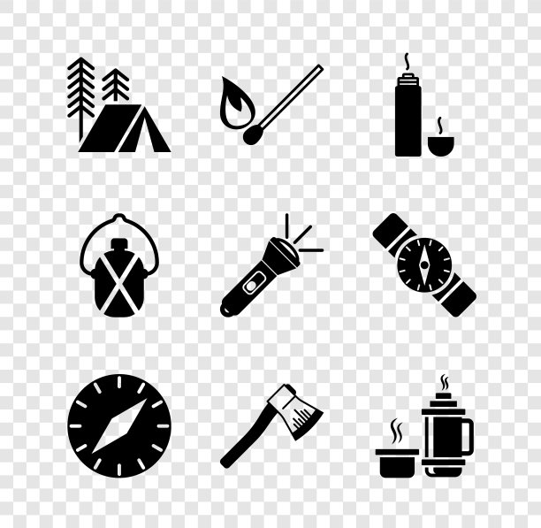 设置旅游帐篷，燃烧火柴与火，热水瓶，指南针，木斧，水壶水壶和手电筒图标。向量图片下载