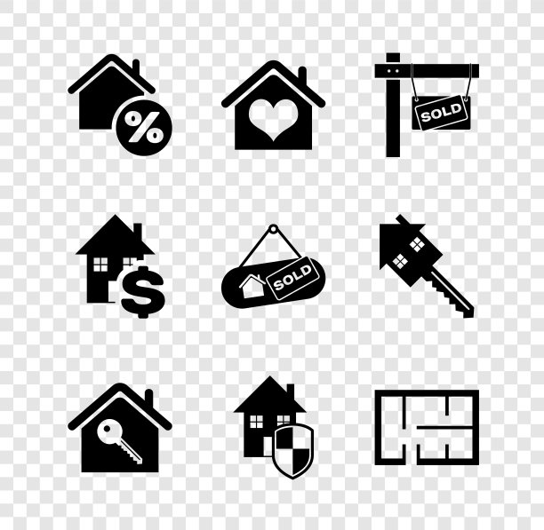 集房屋与percant，心形，悬挂标志售出，钥匙，保护下，计划，美元和图标。向量图片下载