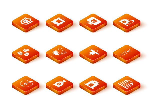 设置苹果，装满植物种子，种子，牛奶罐玻璃，农场，稻草人，粮仓和胡萝卜图标。向量图片下载