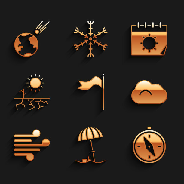 设置气象风向标，沙滩遮阳伞，指南针，云，风，干旱，日历，太阳和彗星下降的快速图标。向量图片下载
