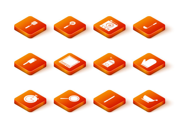 设置厨房定时器，煎锅，剁肉机，电子秤，刀，手动咖啡研磨机，臼和杵和烤箱手套图标。向量图片下载