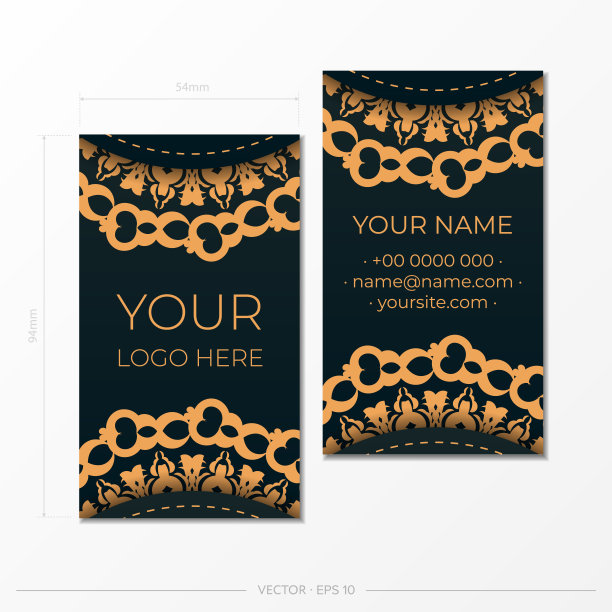 深绿色的名片。装饰名片饰品，东方图案，插图。图片下载