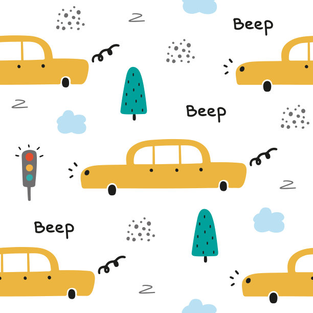 可爱的无缝婴儿向量模式与汽车和交通灯图片下载