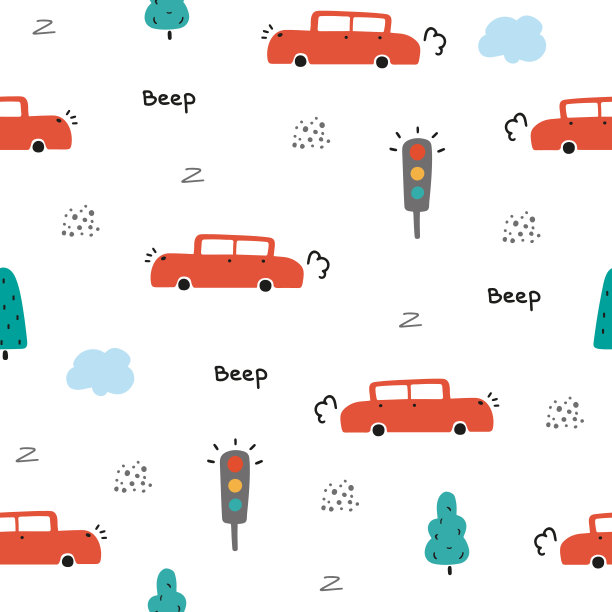 可爱的无缝婴儿向量模式与汽车和交通灯图片下载