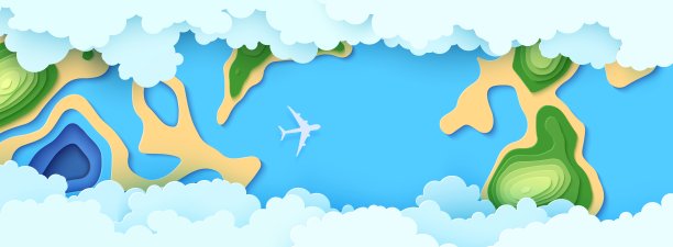 俯视图多云景观剪纸风格。航拍三维背景与客机海洋森林和岛屿。矢量剪纸插画的创意概念理念环境保护和自然图片下载