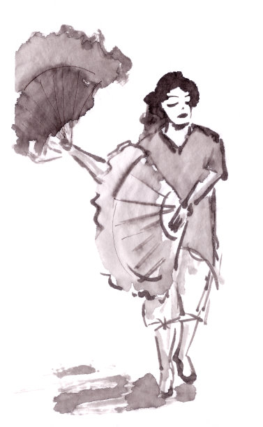 中国扇子舞黑白水墨画图片下载