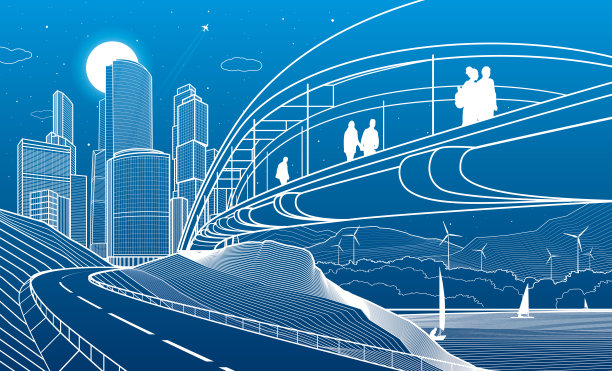 城市基础设施、工业和城市景观说明。人们走过河上的桥。山路上的汽车路。蓝底白线。矢量设计轮廓艺术图片下载