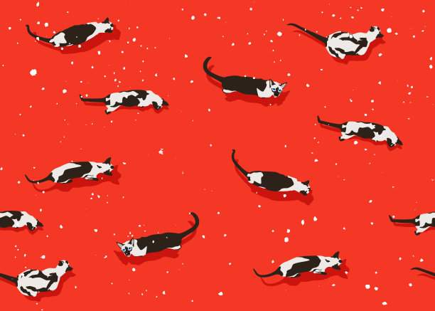 暹罗猫无缝图案上的红色背景。有雪花的扁平样式图片下载