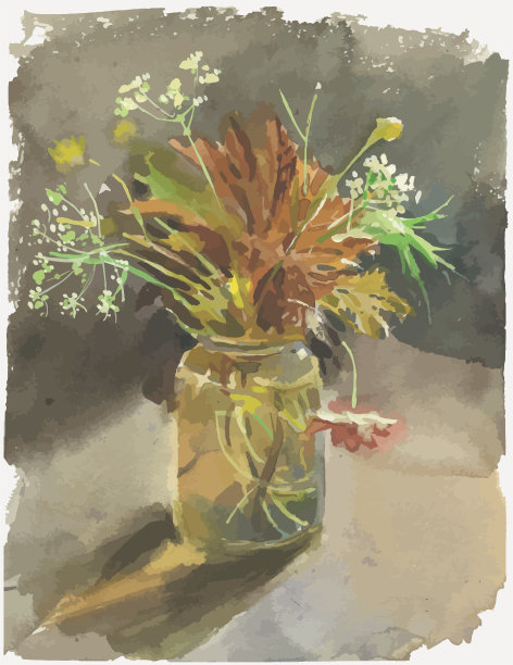 水彩矢量画静物与野花和叶子在玻璃罐图片下载