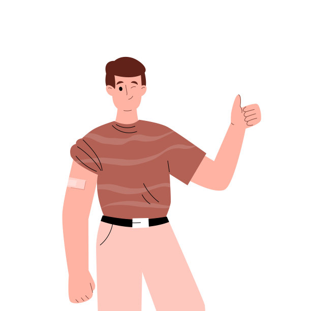 时髦的男性接种疫苗后眨眼睛，站着展示他的手臂和绷带在他的肩膀和大拇指。图片下载