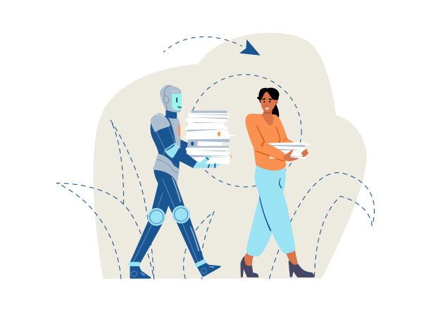人形机器人协助商人，平面矢量插图孤立。图片下载
