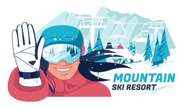 一名身着冬季运动装备的女子在一架山地升降机的背景下挥手致意。冬天的风景。冬季运动。平面向量插图图片下载