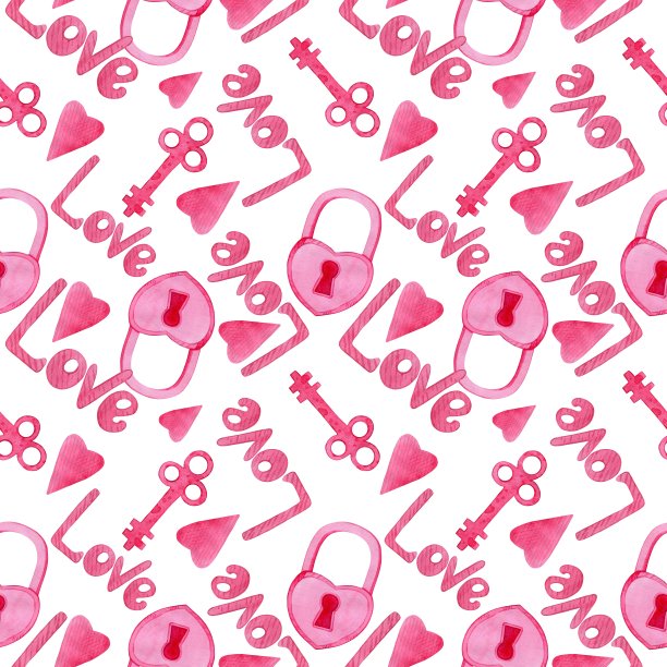 粉色水彩情人节套装元素，锁与钥匙，文字爱情。设计元素，无缝图案图片下载