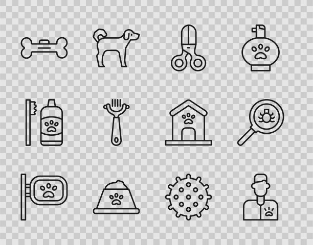 设置线宠物美容，兽医，剪刀理发师，食物碗，狗骨头，毛刷狗和猫，网球和跳蚤搜索图标。向量图片下载