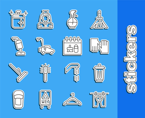 设置晾晒衣服，垃圾桶，橡胶手套，喷水器，割草机，吸尘器，清洁烹饪锅和清洁日历图标。向量图片下载