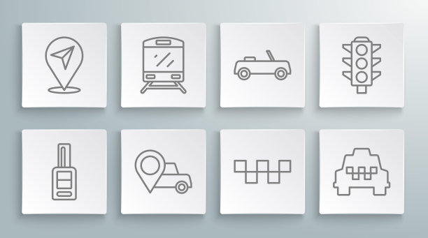 设置线车钥匙与遥控，火车，位置出租车，出租车车顶，交通灯和图标。向量图片下载