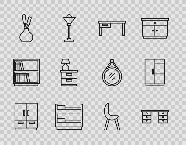设置线衣柜，办公桌，双层床，花瓶，家具床头柜与灯，扶手椅和图标。向量图片下载