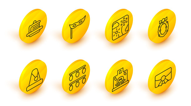 设置线圣诞明信片，室内壁炉，灯，圣诞老人帽子，花环，烟火火箭，节日面具和蛋糕图标。向量图片下载