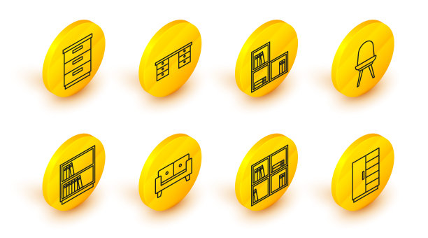 设置线衣柜，书架与书籍，沙发，图书馆书架，椅子，办公桌椅和家具床头柜图标。向量图片下载