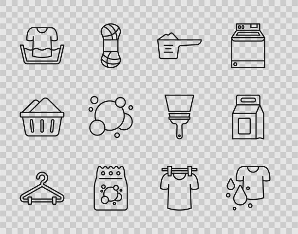 设置线衣架衣柜，脏t恤，洗衣粉，洗衣粉，洗洁精，洗脸盆，肥皂水泡沫，烘干衣服和图标。向量图片下载