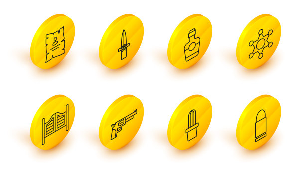 子弹，仙人掌仙人掌，左轮手枪，酒吧门，六角星治安官，龙舌兰酒瓶，匕首和通缉西部海报图标。向量图片下载